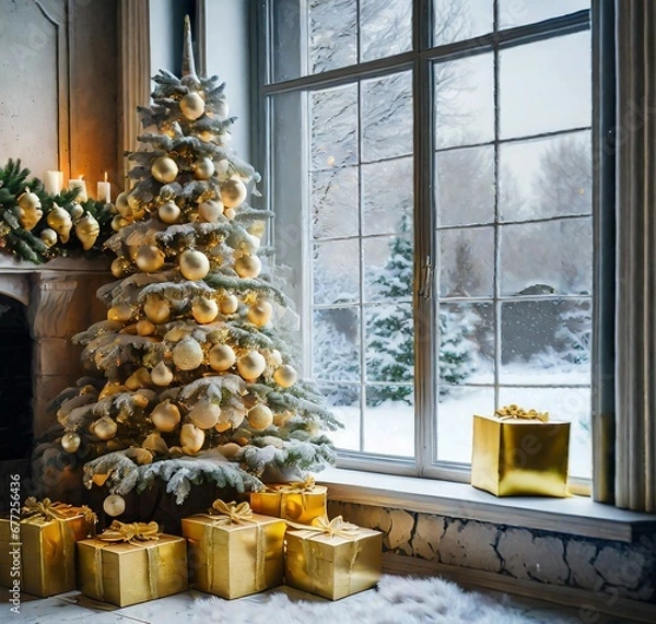 Fototapeta Christmas tree in the fireplace with big snowy window with gold boxes presents