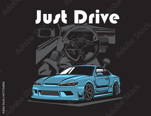 Fototapeta driving cabin scheme background with 90s car vector and text illustration design