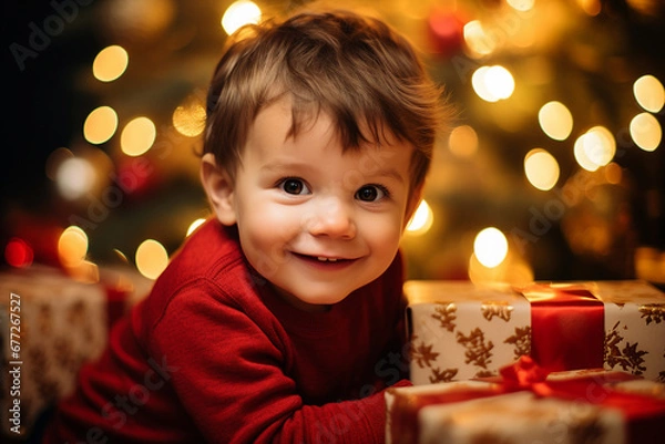 Fototapeta Generative AI portrait of small funny child believe in santa claus waiting christmas gifts presents