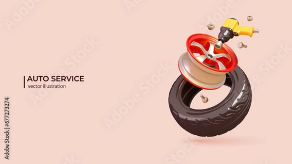 Obraz 3D Auto Repair Service Concept. Realistic 3d design of Cars Tire, Rim, Pneumatic Screwdriver and Bolts. 3D Vector illustration in cartoon minimal style.