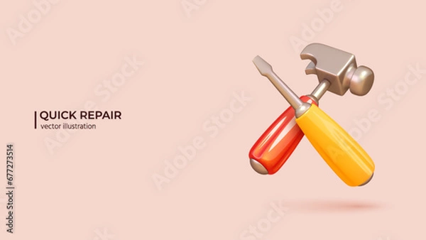 Fototapeta 3d Repair Concept. Realistic 3d design of Wrench and Screwdriver in cartoon minimal style. 3D Vector illustration