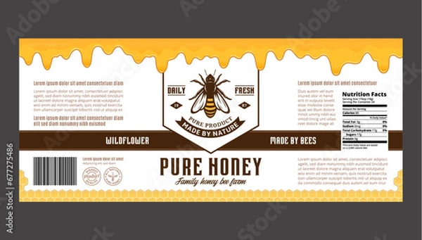 Fototapeta Honey label or packaging design template with honeycombs and dripping honey