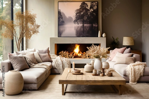 Fototapeta Sofa and daybed sofa by fireplace. Scandinavian farmhouse rustic home interior design of modern living room. Warm and inviting atmosphere.