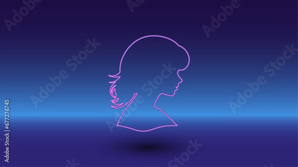 Fototapeta Neon woman face profile symbol on a gradient blue background. The isolated symbol is located in the bottom center. Gradient blue with light blue skyline