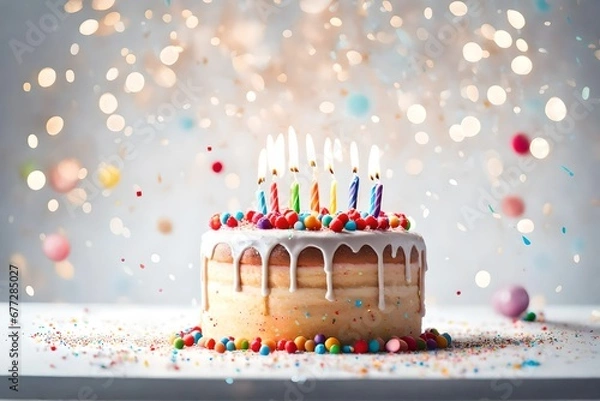 Fototapeta Sprinkle-covered birthday cake on a white table, minimalist design with luminous bokeh