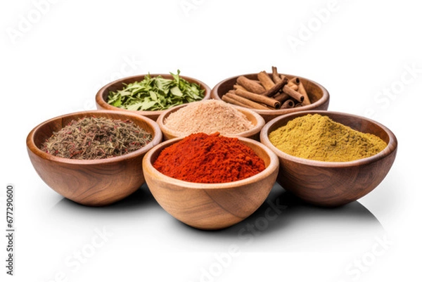 Fototapeta various Indian spices and seasonings on wooden plates isolated over a transparent, png file