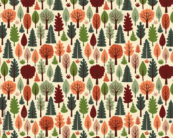 Fototapeta vector hand drawn autumn forest pattern design with green, red and orange tree