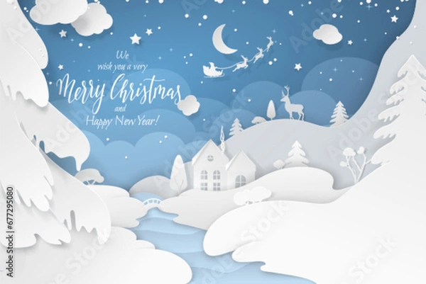 Obraz Paper cut-out winter scene with fir trees, cozy houses by a river, Santa's sleigh flying around the moon and a deer in the background. Vector card with text Merry Christmas for the holiday season.