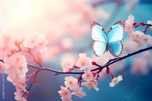 Fototapeta Serenity of Spring: Yellow Butterfly and Blooming Apricot Branch at Dawn