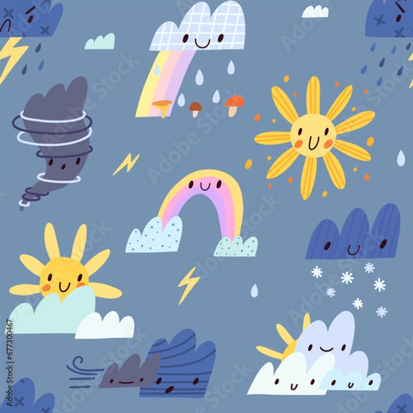 Fototapeta Seamless pattern of Cute cartoon weather icons. Emotional weather forecast. Vector of symbols for different weather or seasons. Children's illustration of sun, rain, storm, snow, wind, rainbow, clouds