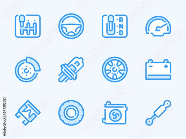 Fototapeta Car parts and Vehicle repair vector line icons. Auto service and Workshop outline icon set. Transmission, Shock Absorber, Steering Wheel, Tire, Fuse and more.