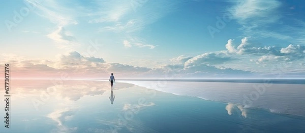 Fototapeta Abstract surreal path concept depicted with a man walking between two blue seas on a beach Copy space image Place for adding text or design