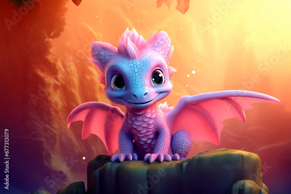 Fototapeta Super cute pink little baby dragon with big blue eyes. Fantasy monster with smile is sitting on a tree, a log. Small Funny Cartoon character. Fairytale animal. Forest background. Ai Illustration