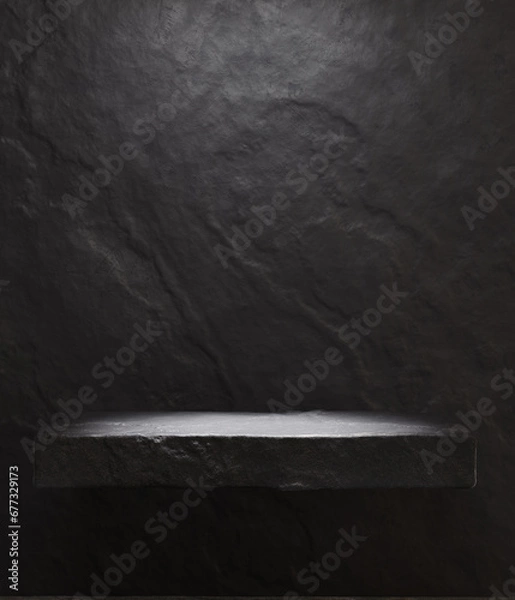 Fototapeta Stone podium for display product. Stone shelf at black wall background