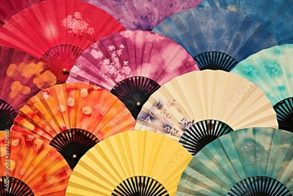 Fototapeta Vibrant Collection of Open Chinese Fans in Colorful Patterns