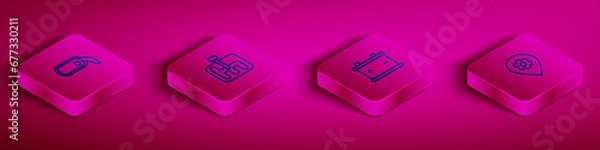 Fototapeta Set Isometric line Car rearview mirror, Gear shifter, battery and Location with car service icon. Vector