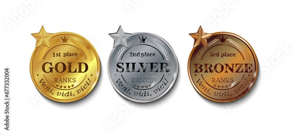 Obraz edals of different rankings with inscriptions 1,2,3 place, and Caesar's phrase "Veni, vidi, vici", which means "I came, I saw, I conquered"