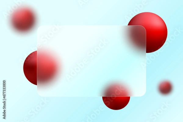 Obraz Abstract background with dynamic balls under a transparent matte frame on a light background. Glass overlay effect banner with 3D red vector balls in glass morphism style. Vector illustration.
