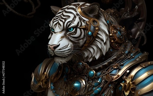 Fototapeta Image of a tiger modified into a electronics robot on a modern background. Wildlife futuristic tiger knight, mechanical robot warrior, electronic animal, cyborg, nature