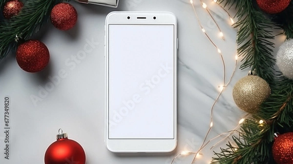 Fototapeta Smartphone mockup with christmas decorations on white marble background.
