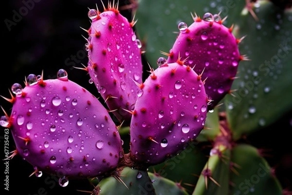 Fototapeta Dew drops on prickly pear spines at dawn