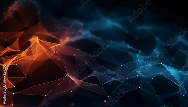 Fototapeta Translucent fractal polygon wave pattern with glowing blue and orange colors. Minimalistic wallpaper with bokeh. Concept of neural network, deep learning and generative AI. 