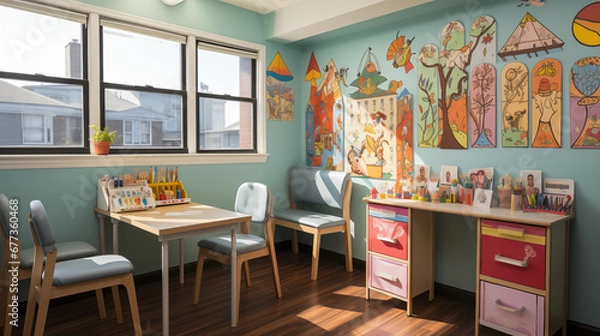 Fototapeta Children's Art Corner in Pediatric Office: An art corner in a pediatrician's office, showcasing colorful drawings and paintings created by young patients