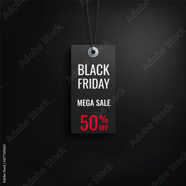 Fototapeta Black friday sale. Realistic price tag image. Black label on a black background. Special offer or shopping discount label. Sale, 50% discount, big discounts. Vector image, EPS 10.