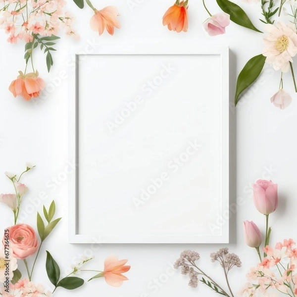Fototapeta Stunning, colorful flower border with ample white space, a perfect template for cards, wedding invites, and diverse graphic designs.