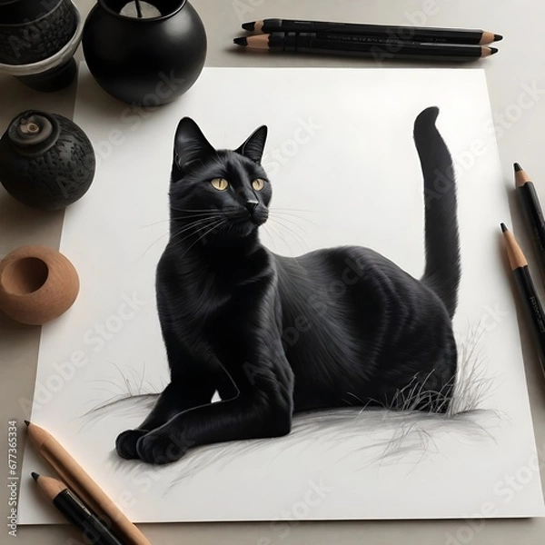 Obraz black cat on white solid background beautiful drawing