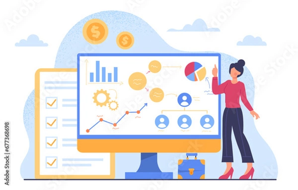 Fototapeta Business plan concept. Woman with infographics and data visualization. Young girl with charts and diagrams, graphs. Business project and start up. Cartoon flat vector illustration