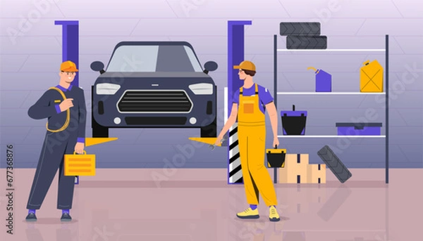 Fototapeta Car repair service concept. Men in uniform near black car. Repairmen and workers with toolbox near automobile. Tunning and modernization of auto, vehicle. Cartoon flat vector illustration