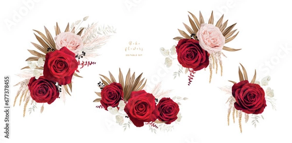 Fototapeta Bohemian, floral bouquet with red roses, pampas grass. Beautiful watercolor style elegant flowers, dry palm leaves editable vector illustration. Wedding invite, greeting, party decorative elements set
