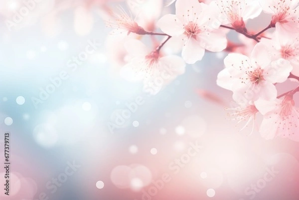 Fototapeta Cherry blossom in spring. Beautiful nature scene with blooming tree and sun flare. Spring flowers on blurred pink background with bokeh lights. Backdrop for card or banner with copy space