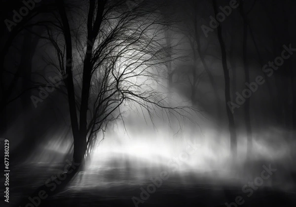 Fototapeta Rays of light on trees and snowy landscape, isolated in the darkness in a surrealistic environment. AI generative