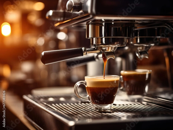 Obraz Close-up of espresso pouring from a coffee machine. Lifestyle concept suitable for drinks and rest