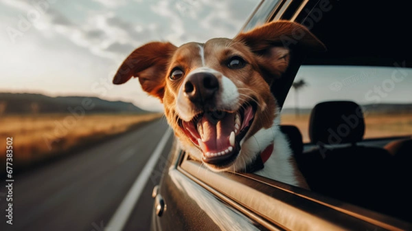 Obraz happy dog with head out of the car window having fun
