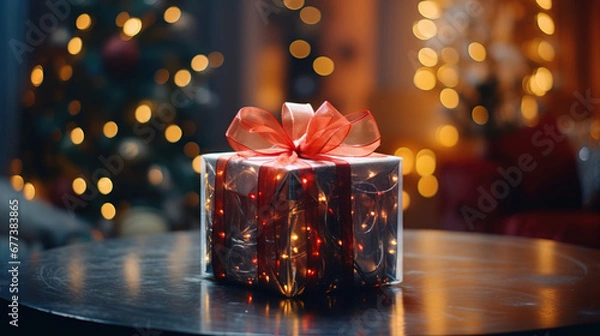 Obraz Christmas present over blurred lights background. Ai generative
