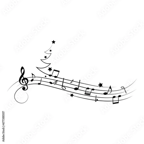 Obraz Festive music notes with Christmas tree silhouette and stars, vector illustration.