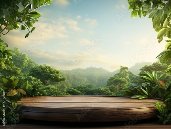 Obraz Natural podium product display with leaves tropical forest background