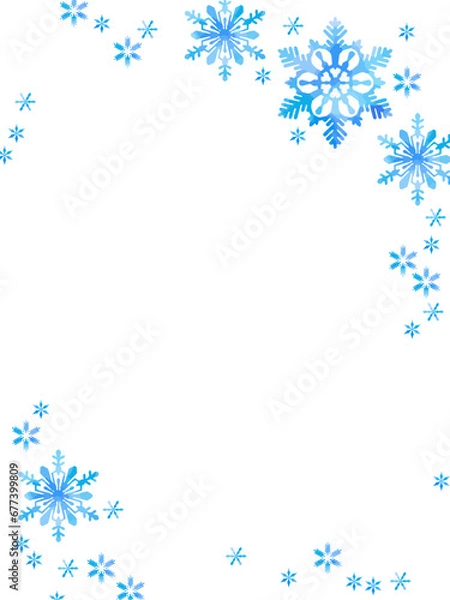 Fototapeta 雪のイラストで装飾されたテンプレート、水彩風の淡い青色、白背景、