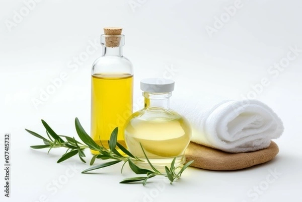 Obraz Tea tree oil spa composition shown on white backdrop
