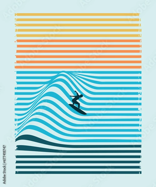 Obraz Vector illustration of a surfer silhouette riding down graphic waves, formed by distorted stripes.