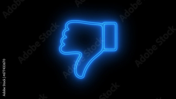Fototapeta Neon thumb down icon. Glowing neon dislike sign, outline disapproving hand pictogram on black background.