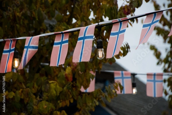 Obraz Garland made of Norway flags in Poulsbo town center