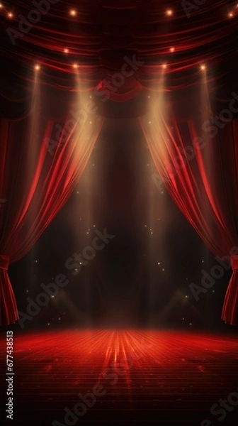 Fototapeta Expansive empty stage, adorned with large red curtains and backdrop, eagerly awaiting performers, setting the scene for an upcoming captivating performance.