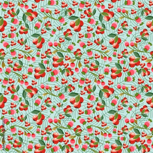 Fototapeta Seamless pattern of green leaves, red berry and soft red wild fruits, light green background. Vector illustration image.