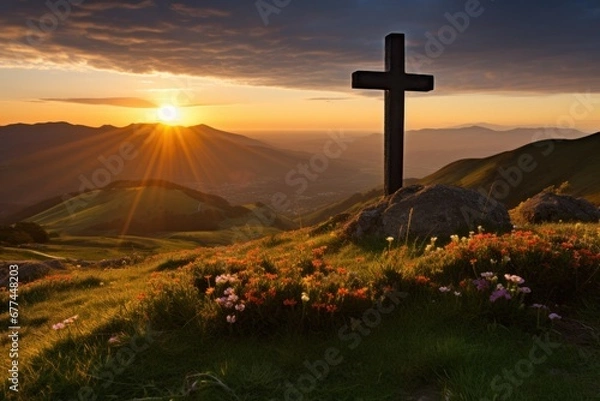 Fototapeta a cross on a hill with flowers and mountains in the background