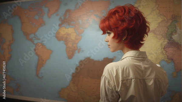 Fototapeta Portrait of a red-haired girl in front of a world map