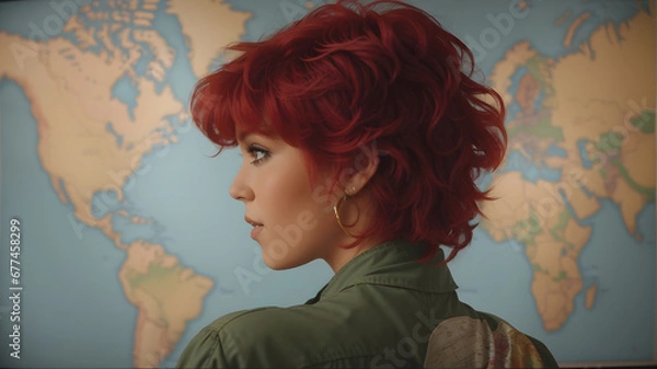 Fototapeta Portrait of a red-haired girl in front of a world map